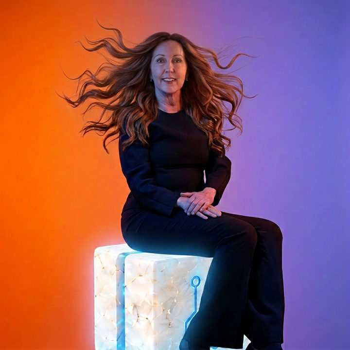 Mathilda Klingberg sitting on a glowing white cube against an orange and violet background, her long hair flying