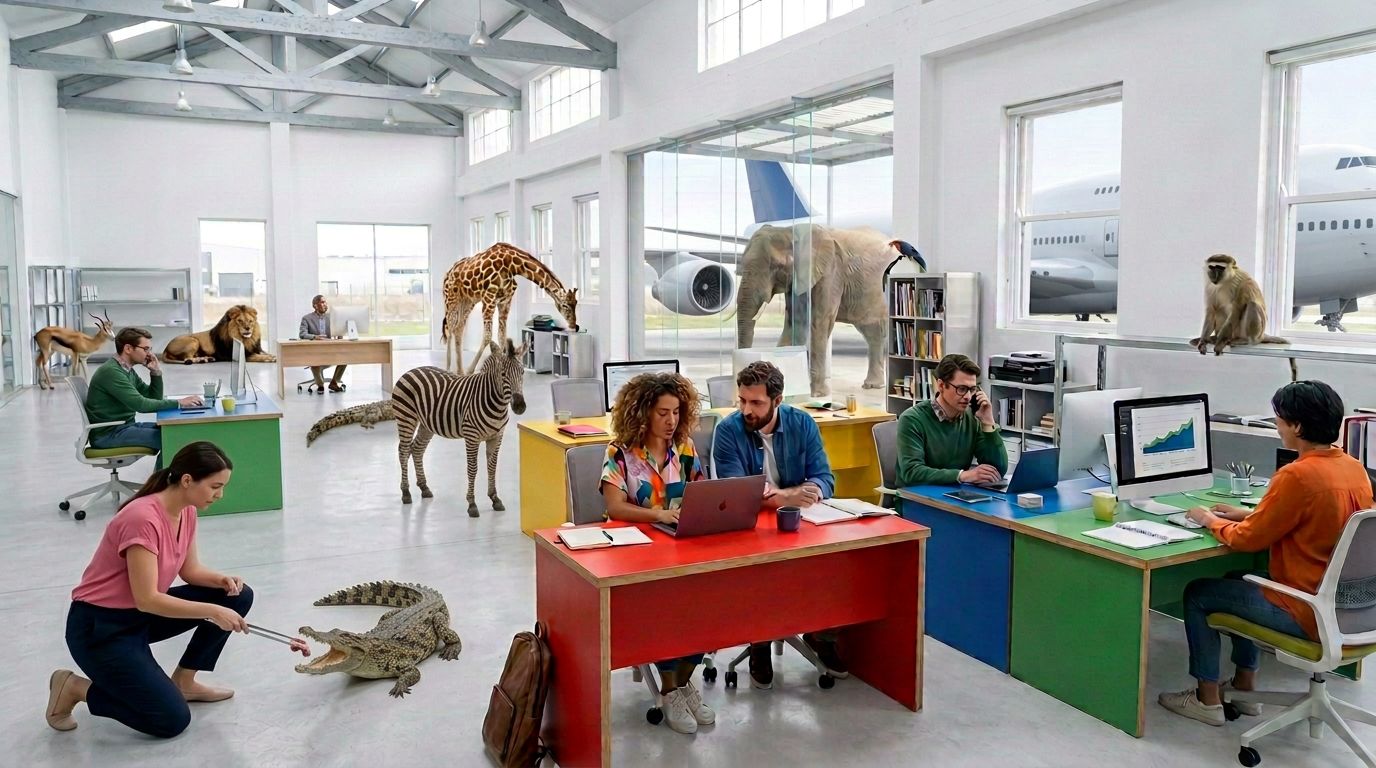 A bright open office with colourful desks where people work alongside a giraffe, a zebra, an elephant and other animals, while a woman in pink feeds a crocodile